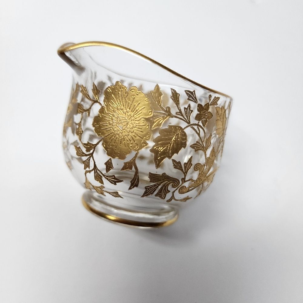 Vintage Cambridge Creamer and Sugar Bowl Set with Gold Etched Wildflower Designs - Picture 4 of 6